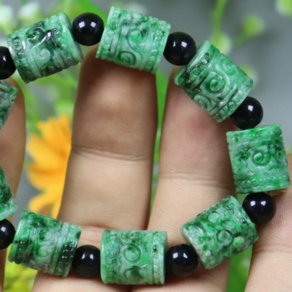 15*12.5*12.5 mm BEAD /54.43g Cert'd Green Natural A JADE jadeite Moire Bracelet - Picture 1 of 2
